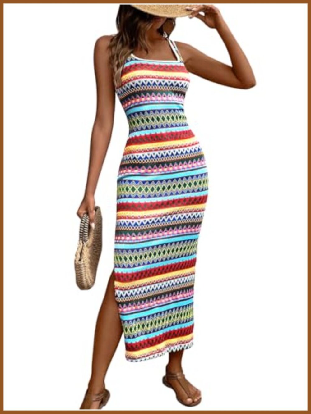 Summer Casual Striped Maxi Tank Dress Sleeveless Square Neck Side Slit Beach